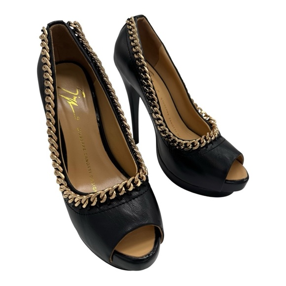 Giuseppe Zanotti Black Leather Peep Toe Heels Gold Chain Detail Size 6.5 - Picture 1 of 13